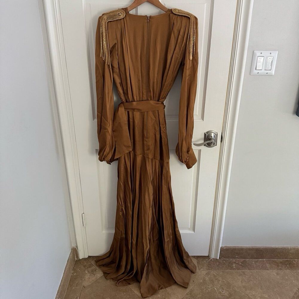 NWT Bronx and Banco Blouson-Sleeve Silk Carmen Dress in Gold Size 6 - Picture 6 of 12